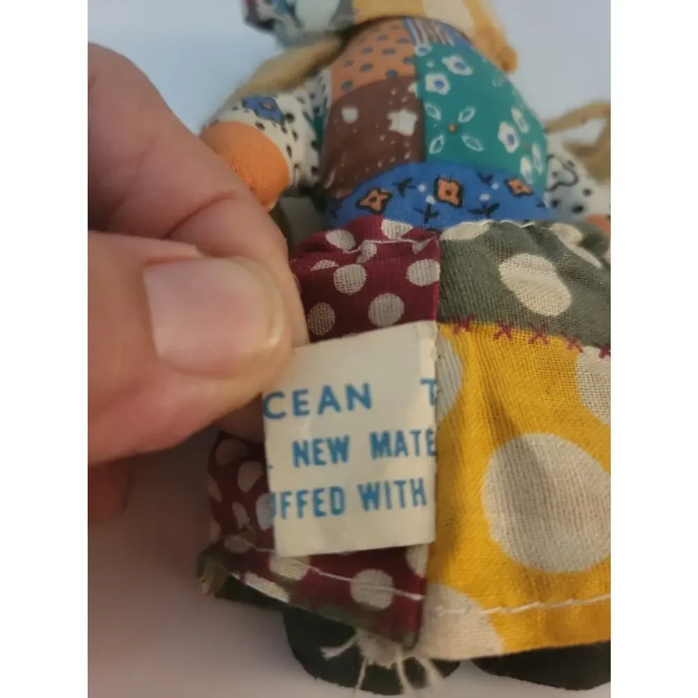 Vintage Ocean Toys cloth girl Rag Doll Yarn Hair Multicolor Patchwork Dress 6.5